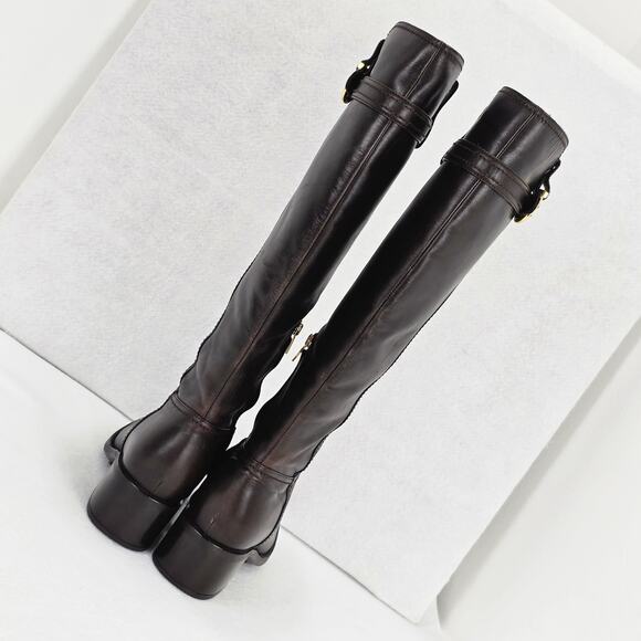 Salvatore Ferragamo Boots Womens 9.5 M Brown Leather Tall Riding Calf Pull Zip - Picture 5 of 16